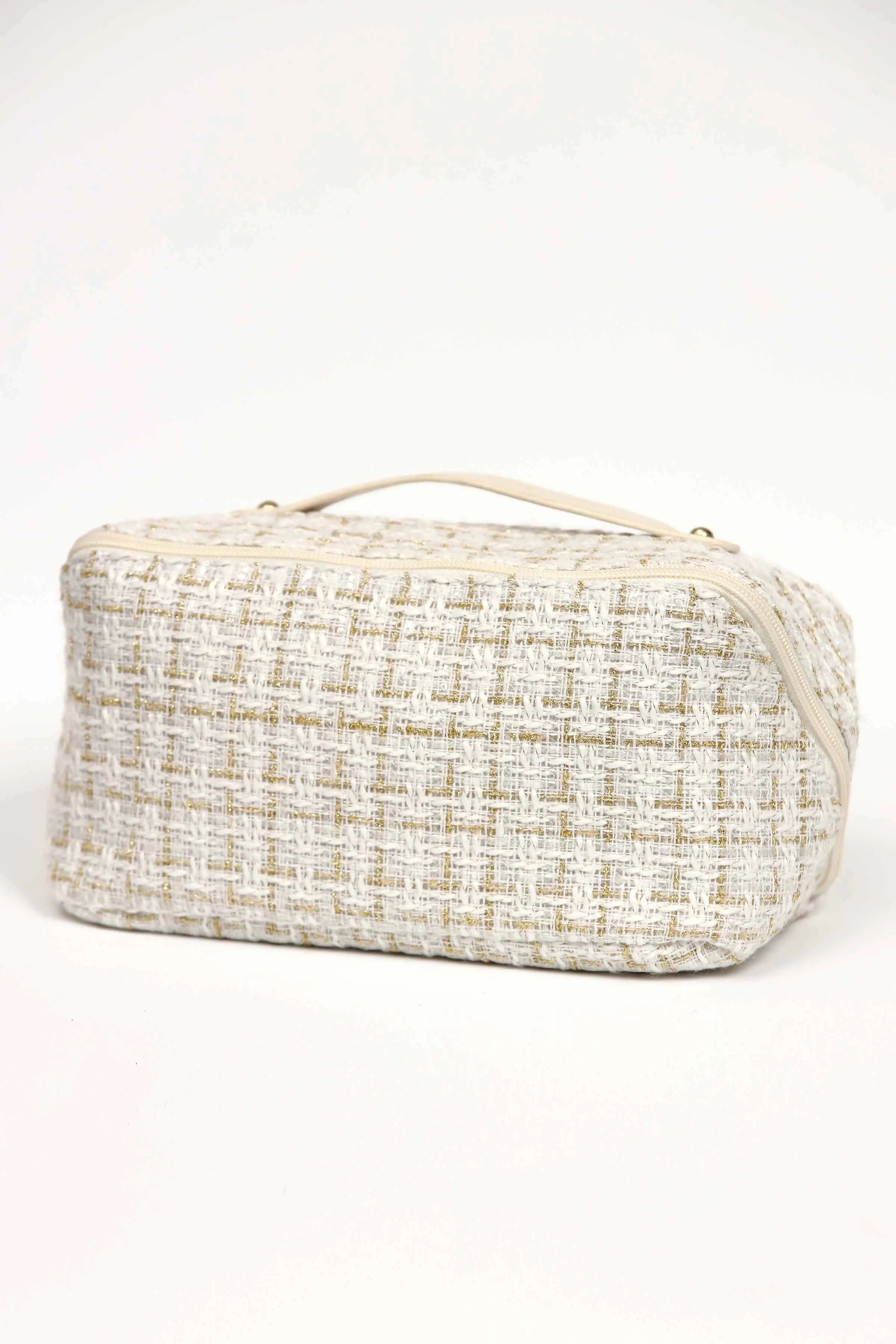 Buy white Large Capacity Woolen Weave Cosmetic Travel Bag with Handle &amp; Divider – Portable Makeup &amp; Toiletry Organizer for Women