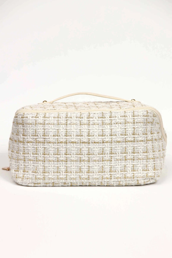 Large Capacity Woolen Weave Cosmetic Travel Bag with Handle & Divider – Portable Makeup & Toiletry Organizer for Women