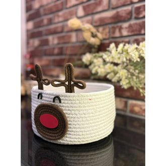 Christmas Reindeer Rope Storage Basket – Cute Woven Cotton Rope Organizer Bin for Holiday Decor, Toys, Gifts & Home Storage - 0