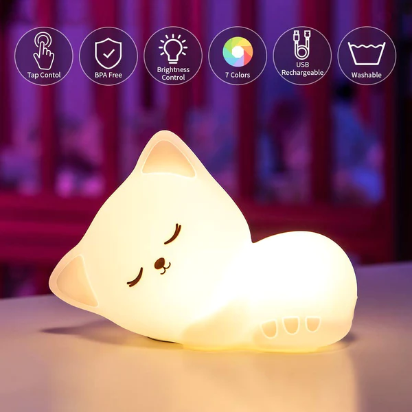 Soft Silicone Cat Seven Colors LED Night Light - 0