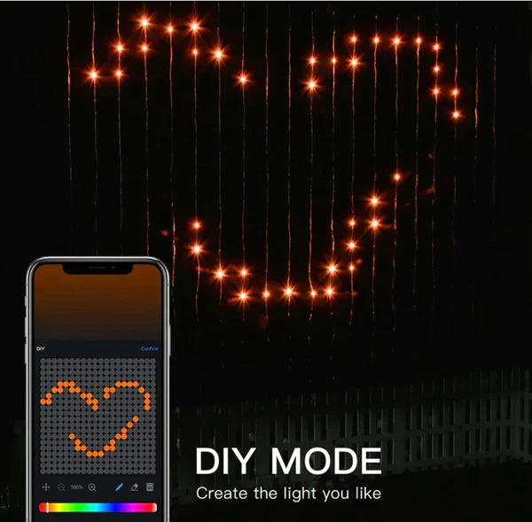 Smart 400 LED Curtain Lights - Bluetooth, Music Sync, Custom Patterns & Text, RGB Colors