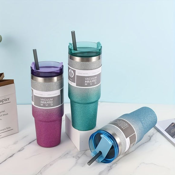 Stainless Steel Water Bottle 30oz, Diamond Painted Coffee Beer Mug, Straw Lid, Leakproof, Travel, Fitness, Sports