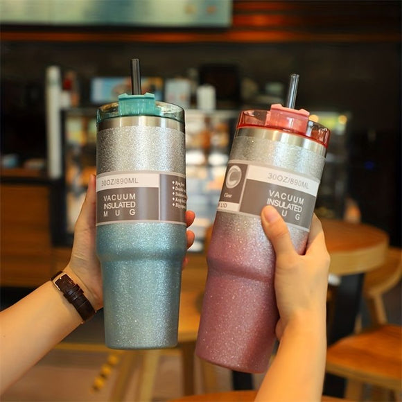 Stainless Steel Water Bottle 30oz, Diamond Painted Coffee Beer Mug, Straw Lid, Leakproof, Travel, Fitness, Sports