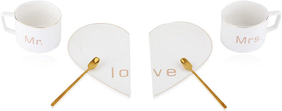 Mr and Mrs Ceramic mug || Couple Coffee Cup and Tea Mugs with Heart Shape Saucer & Stainless Spoon || Microwave Safe, Dishwasher Safe| Valentine Day Gift Mug. (white)