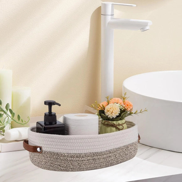 Handwoven Jute Rope Storage Basket with Handles – Oval Decorative Organizer Bin for Bathroom, Living Room, Bedroom & Office