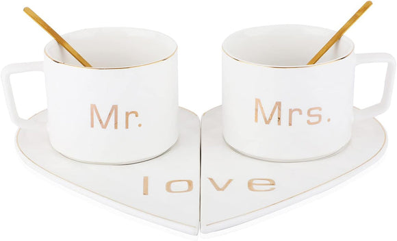 Mr and Mrs Ceramic mug || Couple Coffee Cup and Tea Mugs with Heart Shape Saucer & Stainless Spoon || Microwave Safe, Dishwasher Safe| Valentine Day Gift Mug. (white)