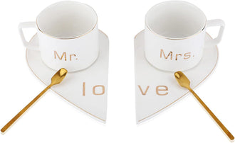 Mr and Mrs Ceramic mug || Couple Coffee Cup and Tea Mugs with Heart Shape Saucer & Stainless Spoon || Microwave Safe, Dishwasher Safe| Valentine Day Gift Mug. (white)