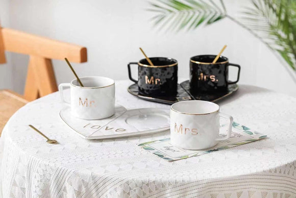 Mr and Mrs Ceramic mug || Couple Coffee Cup and Tea Mugs with Heart Shape Saucer & Stainless Spoon || Microwave Safe, Dishwasher Safe| Valentine Day Gift Mug. (white)