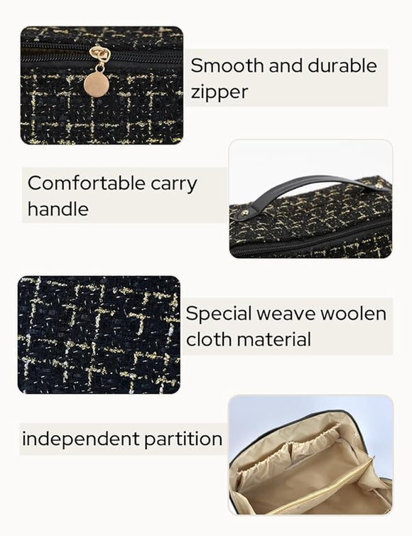 Large Capacity Woolen Weave Cosmetic Travel Bag with Handle & Divider – Portable Makeup & Toiletry Organizer for Women
