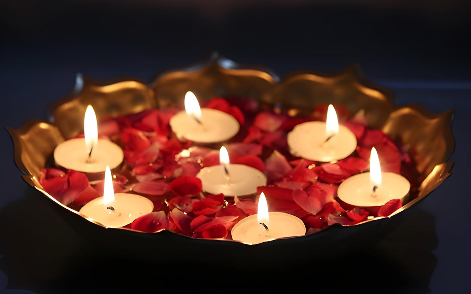 Metal Urli Bowl for Pooja (25x25x6.5) cm Golden Lotus Flower Style Diya Candle Holder for Home Living Room Office Decoration