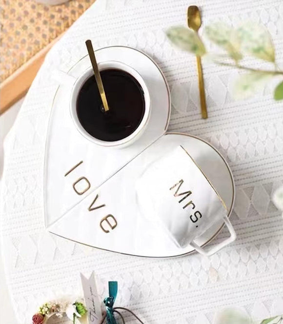 Mr and Mrs Ceramic mug || Couple Coffee Cup and Tea Mugs with Heart Shape Saucer & Stainless Spoon || Microwave Safe, Dishwasher Safe| Valentine Day Gift Mug. (white)