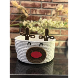 Christmas Reindeer Rope Storage Basket – Cute Woven Cotton Rope Organizer Bin for Holiday Decor, Toys, Gifts & Home Storage