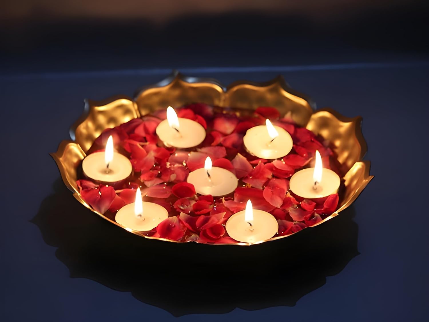 Metal Urli Bowl for Pooja (25x25x6.5) cm Golden Lotus Flower Style Diya Candle Holder for Home Living Room Office Decoration - 0