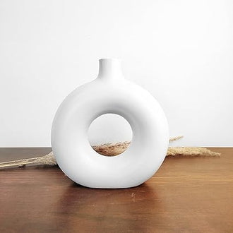 Ceramic Matte Finish Donut Flower Vase Handcrafted (Pack of 1) White (White) - 0