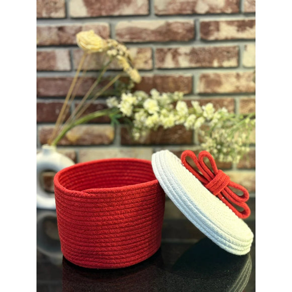 Christmas-Themed Handwoven Jute Rope Basket with Lid & Decorative Bow – Eco-Friendly Storage Box for Gifts, Candy & Home Décor (Red & White)
