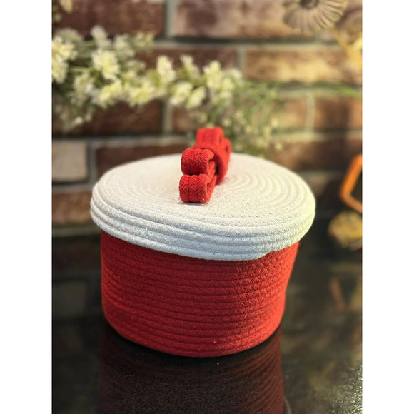 Christmas-Themed Handwoven Jute Rope Basket with Lid & Decorative Bow – Eco-Friendly Storage Box for Gifts, Candy & Home Décor (Red & White)