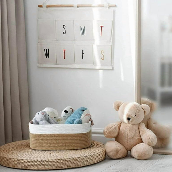 Modern Two-Tone Jute & Cotton Rope Storage Basket with Faux Leather Handles – Rectangular Organizer Bin for Home, Office & Nursery (Beige & White)