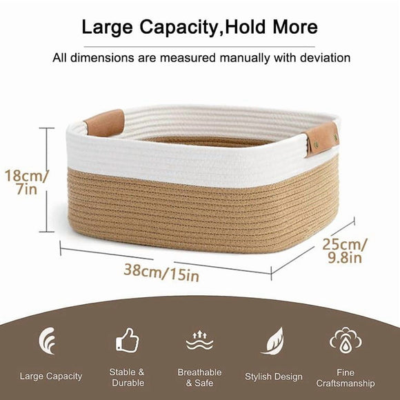 Modern Two-Tone Jute & Cotton Rope Storage Basket with Faux Leather Handles – Rectangular Organizer Bin for Home, Office & Nursery (Beige & White)