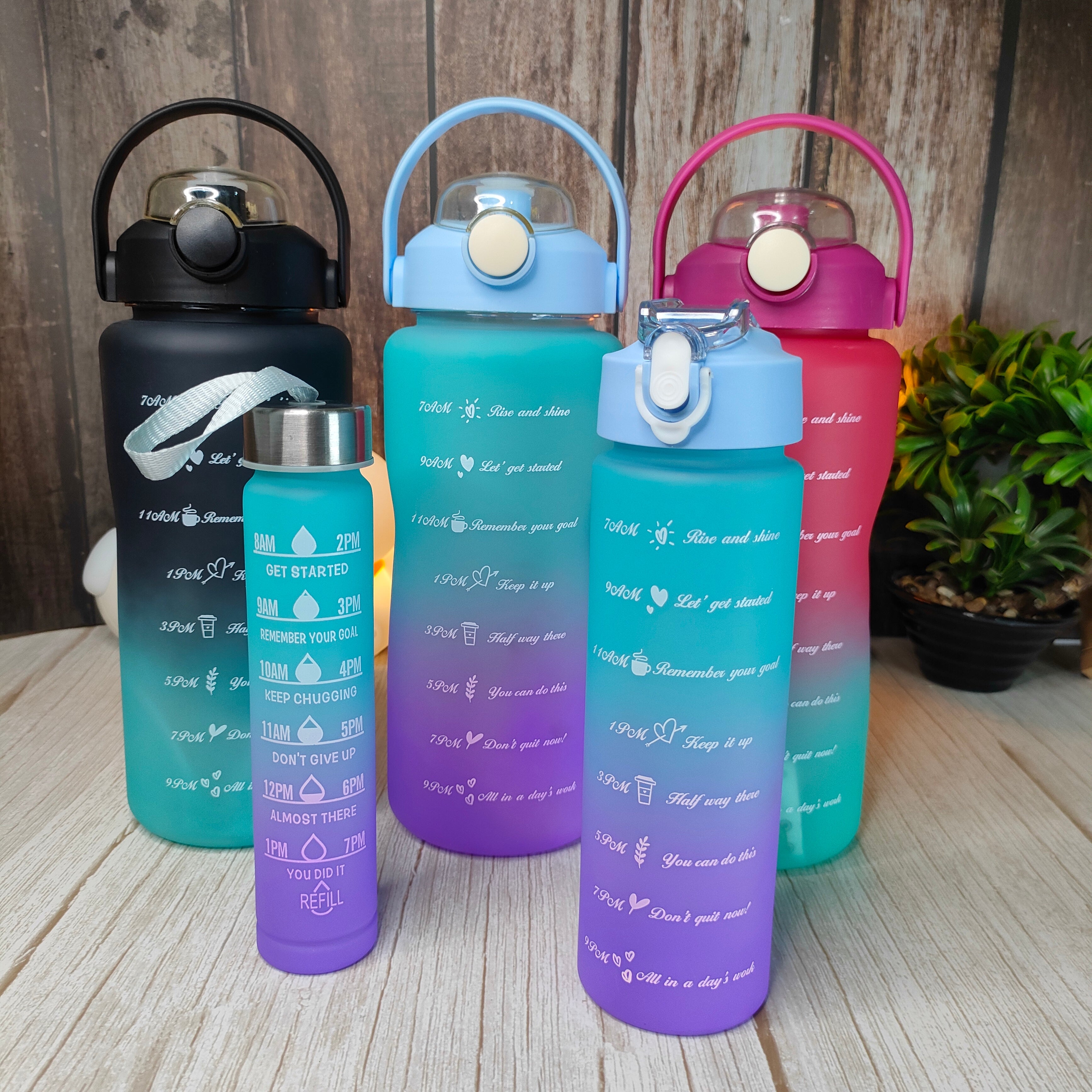 Motivational Water Bottle with Straw Time Marker, Set Of 3 Pcs Leakproof Durable Wide Mouth Sipper - 0