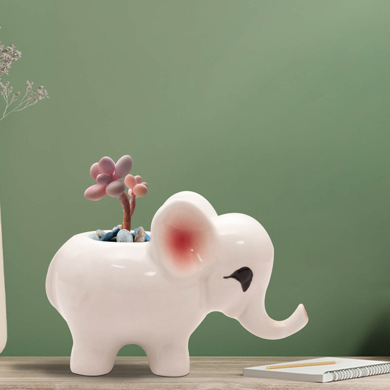 White Baby Elephant Ceramic Pot