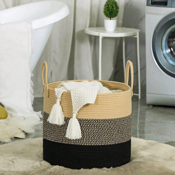 Beige & Black Cotton Multifunctional Basket – Sturdy Storage Organizer