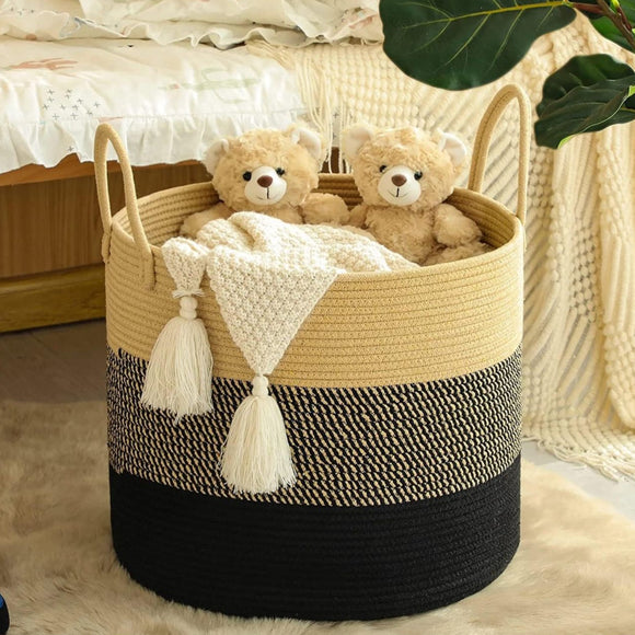 Beige & Black Cotton Multifunctional Basket – Sturdy Storage Organizer