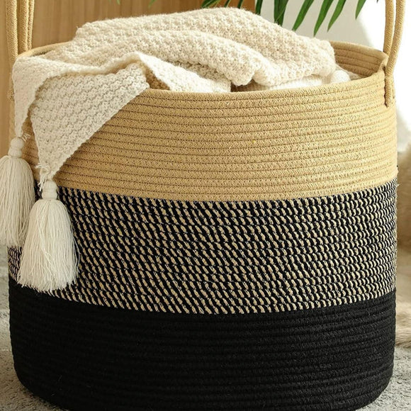 Beige & Black Cotton Multifunctional Basket – Sturdy Storage Organizer
