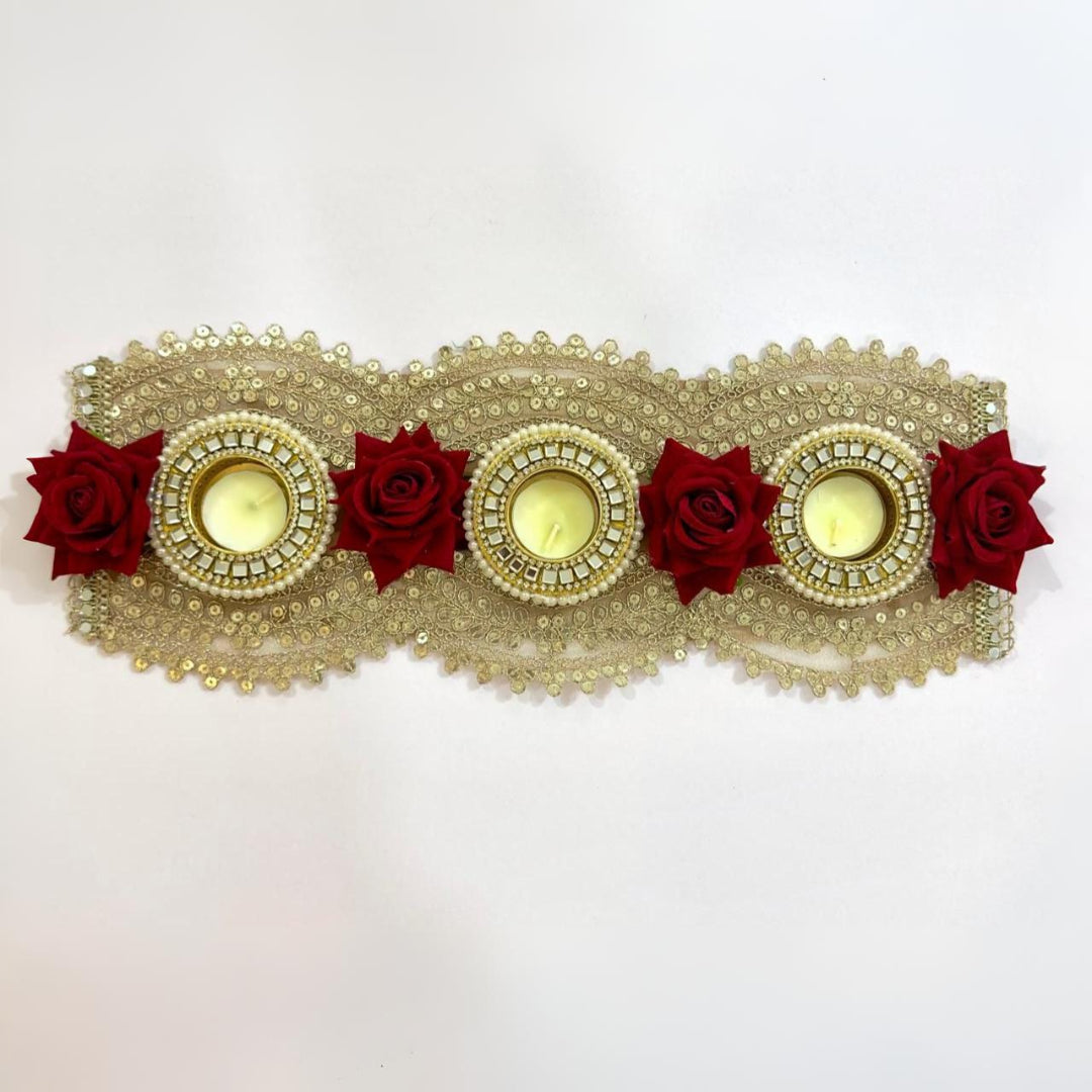 Golden Lace & Red Rose 3-Tealight Decorative Holder - 0