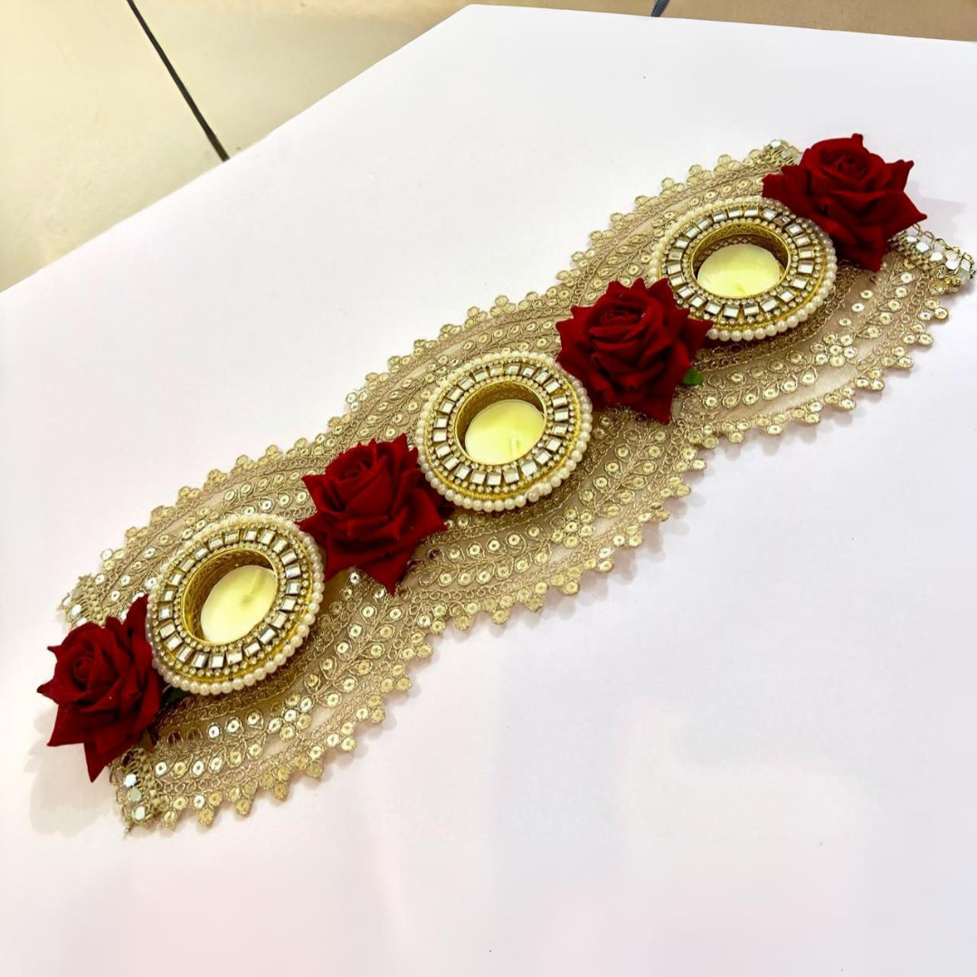Golden Lace & Red Rose 3-Tealight Decorative Holder