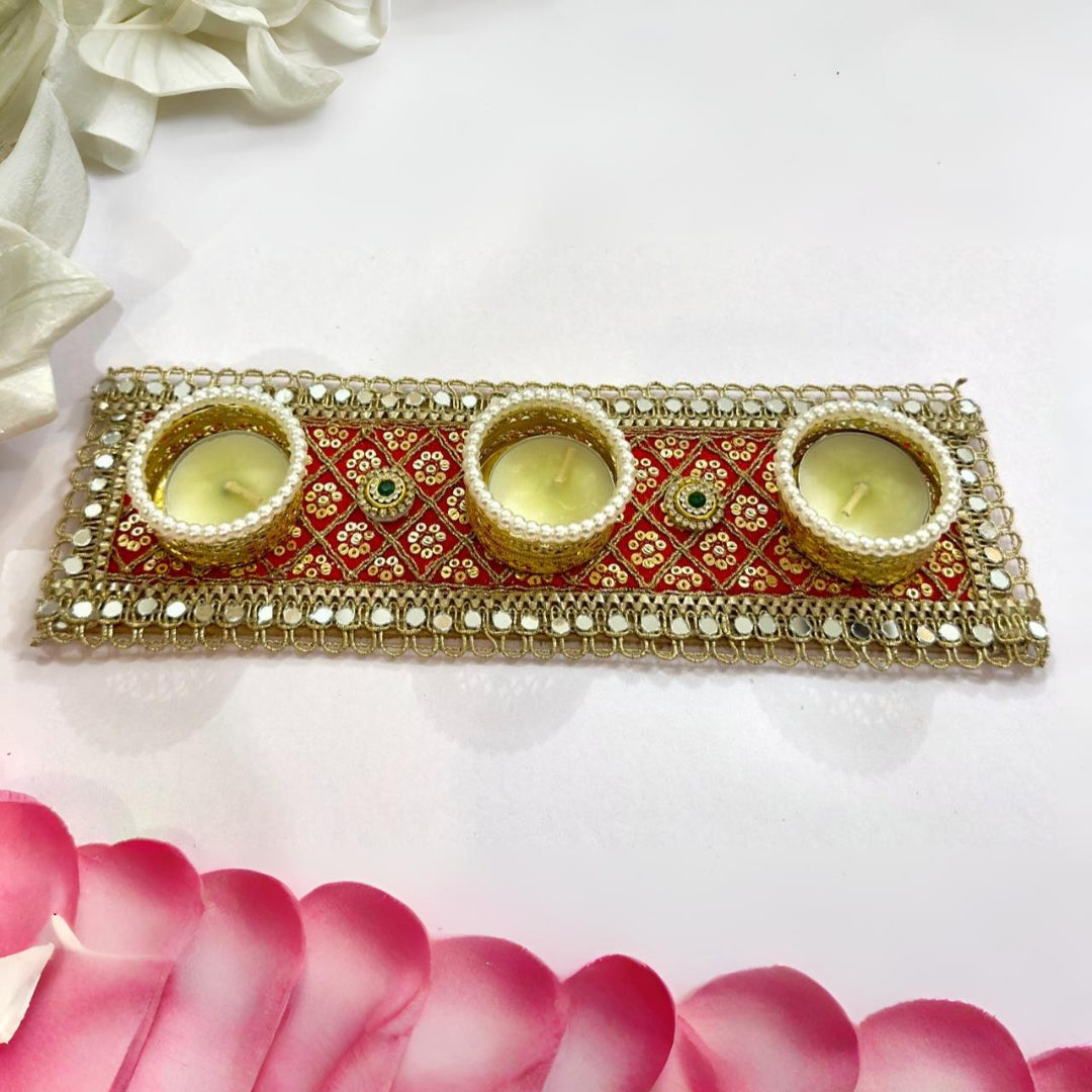 Traditional Red & Gold 3-Tealight Decorative Candle Holder