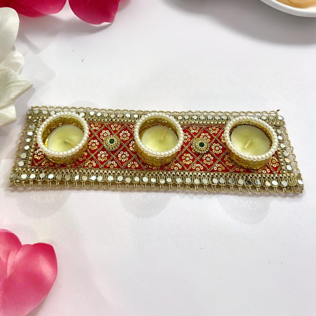 Traditional Red & Gold 3-Tealight Decorative Candle Holder - 0