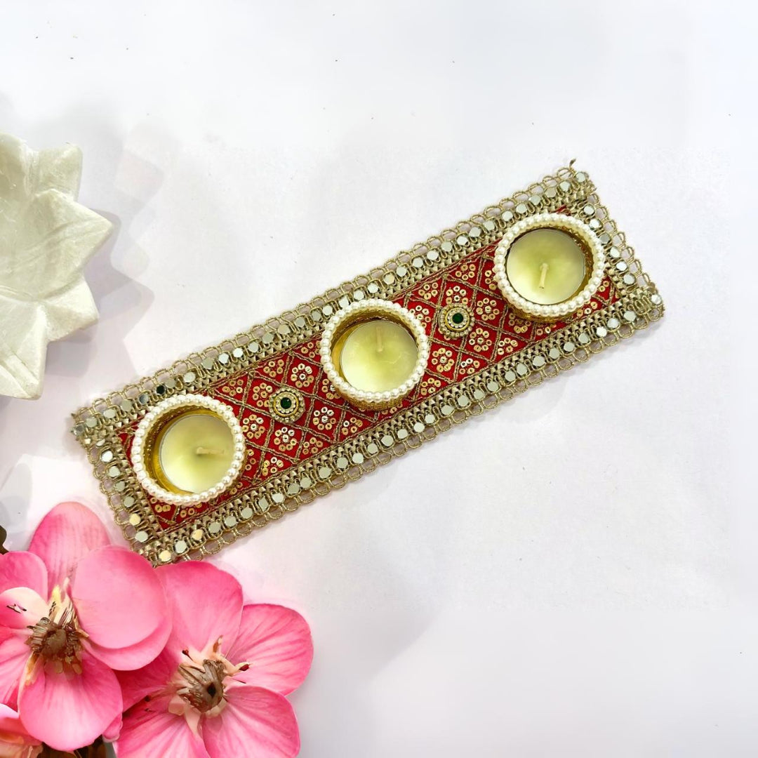 Traditional Red & Gold 3-Tealight Decorative Candle Holder