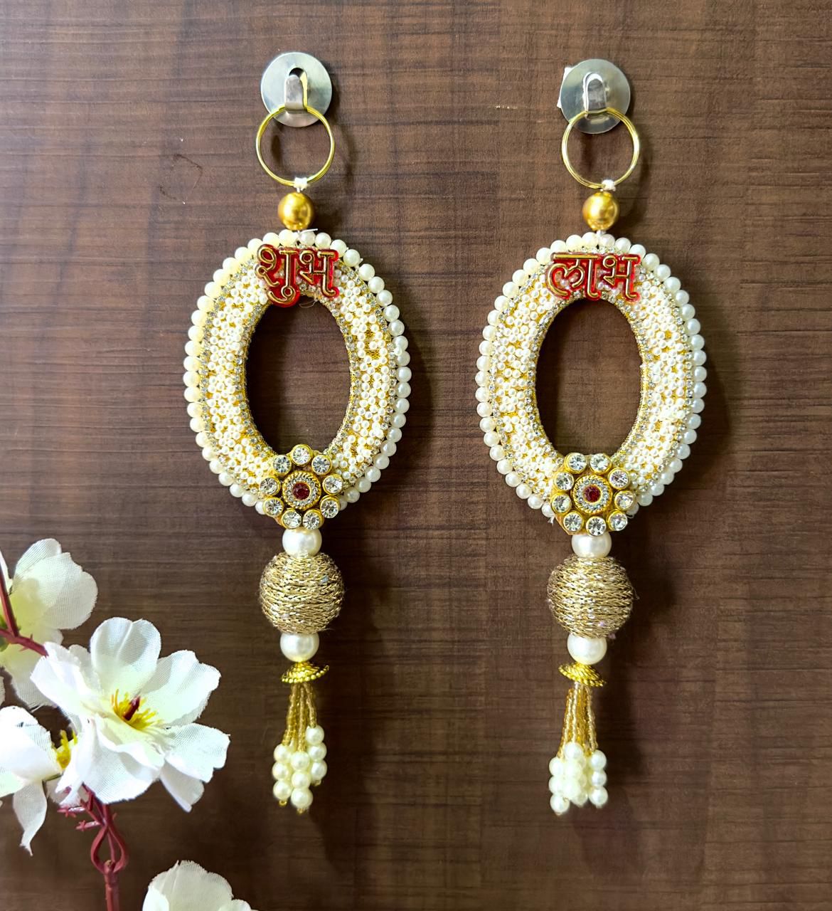 Golden Oval “Shubh Labh” Hanging with Pearls