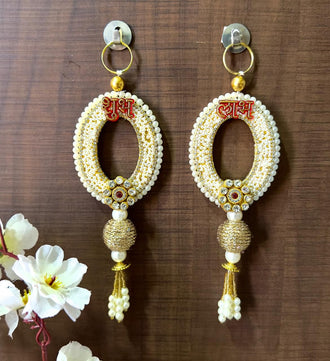 Golden Oval “Shubh Labh” Hanging with Pearls