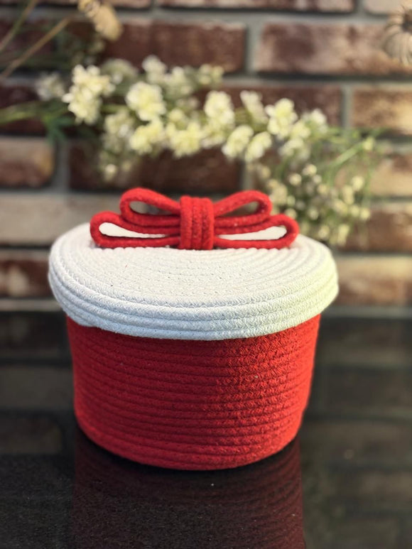 Christmas-Themed Handwoven Jute Rope Basket with Lid & Decorative Bow – Eco-Friendly Storage Box for Gifts, Candy & Home Décor (Red & White)