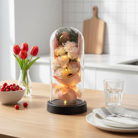 Eternal Blush Rose Dome with Warm LED Lights – Elegant Floral Display & Romantic Gift