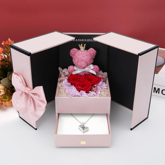 Royal Teddy Surprise Gift Box – Luxury Rose Arrangement with Hidden Necklace Drawer
