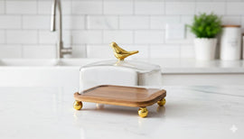 Golden Finch Glass Butter Dish with Wooden Base
