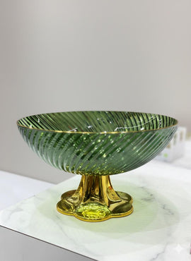 Emerald Luxe Pedestal Fruit Bowl – Ribbed Glass with Gold Base