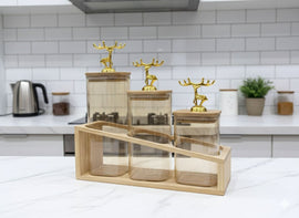 Nordic Stag Glass Storage Jar Set with Bamboo Stand – Set of 3