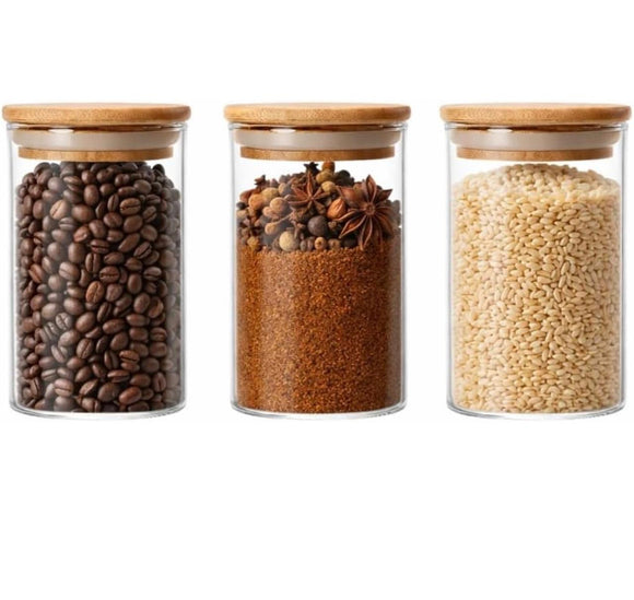 Premium Glass Storage Jars Set of 3 with Airtight Bamboo Lids | Multipurpose Kitchen Containers for Coffee, Spices, Dry Fruits & Grains | Modern Pantry Organizer