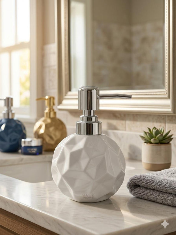 Luxury Geometric Ceramic Soap Dispenser (Glossy White) with Stainless Steel Pump | Liquid Soap, Lotion & Sanitizer Dispenser | Modern Bathroom & Kitchen Accessory