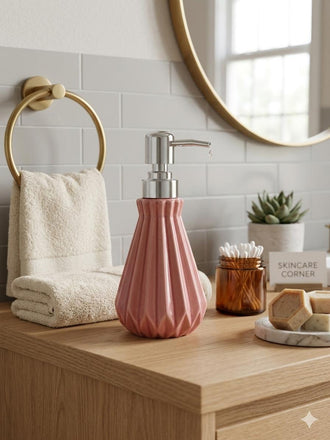 Premium Fluted Ceramic Soap Dispenser (Blush Pink) with Stainless Steel Pump | Liquid Hand Wash, Lotion & Sanitizer Dispenser | Elegant Bathroom Accessory