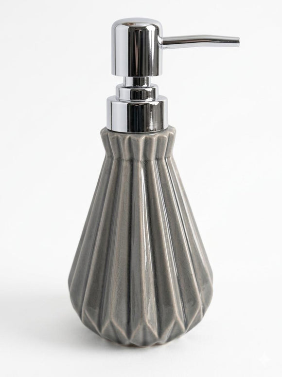 Premium Fluted Ceramic Soap Dispenser (Metallic Grey) with Stainless Steel Pump | Liquid Soap, Lotion & Sanitizer Dispenser | Modern Bathroom Accessory