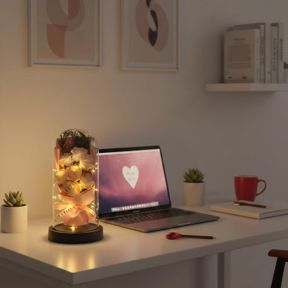 Eternal Blush Rose Dome with Warm LED Lights – Elegant Floral Display & Romantic Gift