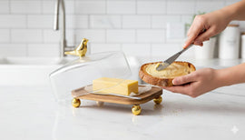 Golden Finch Glass Butter Dish with Wooden Base - 0