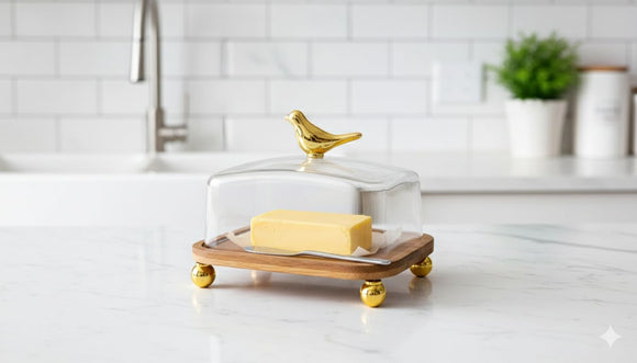 Golden Finch Glass Butter Dish with Wooden Base