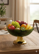 Emerald Luxe Pedestal Fruit Bowl – Ribbed Glass with Gold Base-2