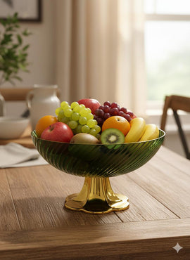 Emerald Luxe Pedestal Fruit Bowl – Ribbed Glass with Gold Base - 0