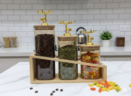Nordic Stag Glass Storage Jar Set with Bamboo Stand – Set of 3 - 0